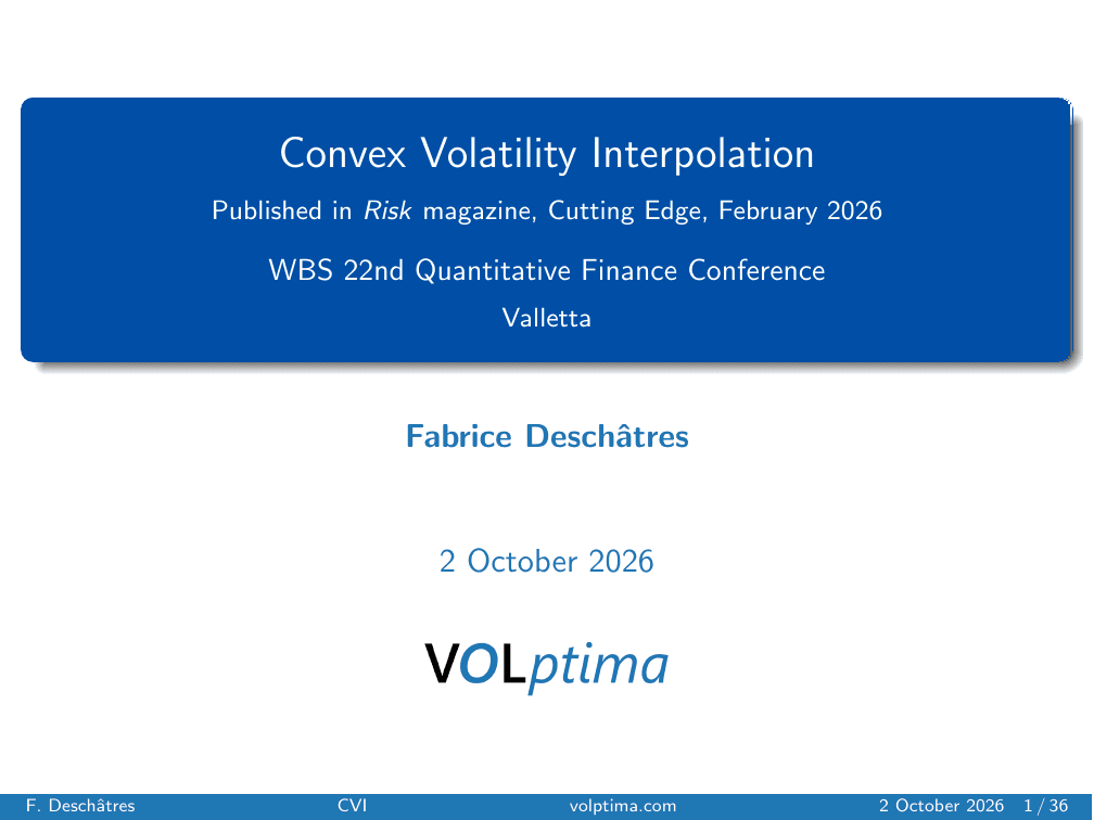 First slide: Convex Volatility Interpolation, WBS 22nd Quantitative Finance Conference, Valletta, 2 October 2026